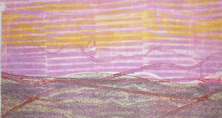 Gelatin print in pink, yellow and purple