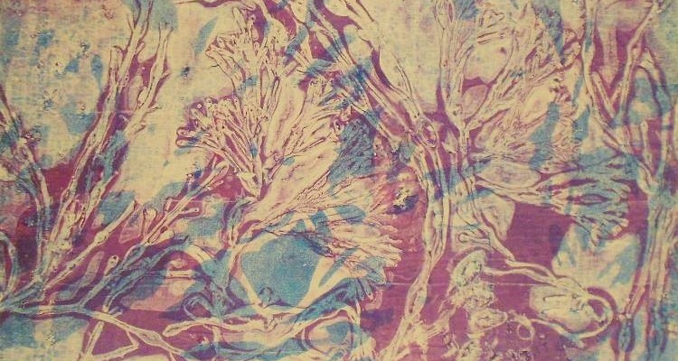 Gelatin print of seaweed in blue and purple