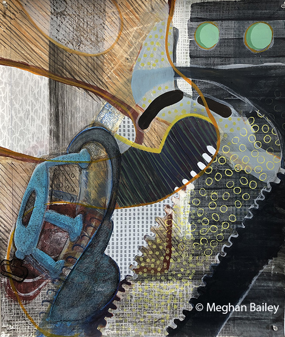 Abstract painting with overlapping shapes and patterns