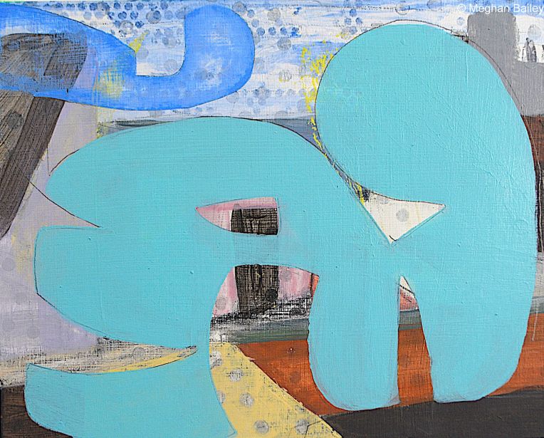 Acrylic painting of shapes over a cityscape.