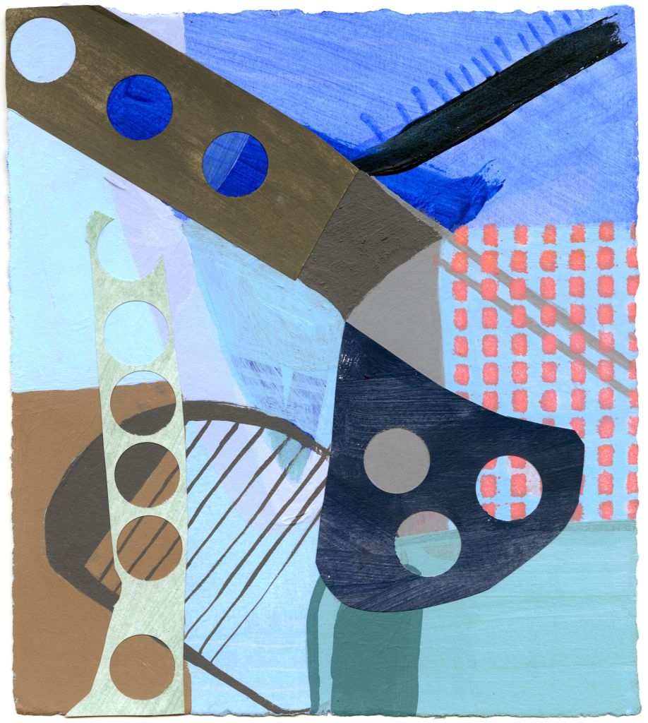 Components Series, collage, acrylic, hand printing on paper, 7 x 8 inches, unframed, 2019.