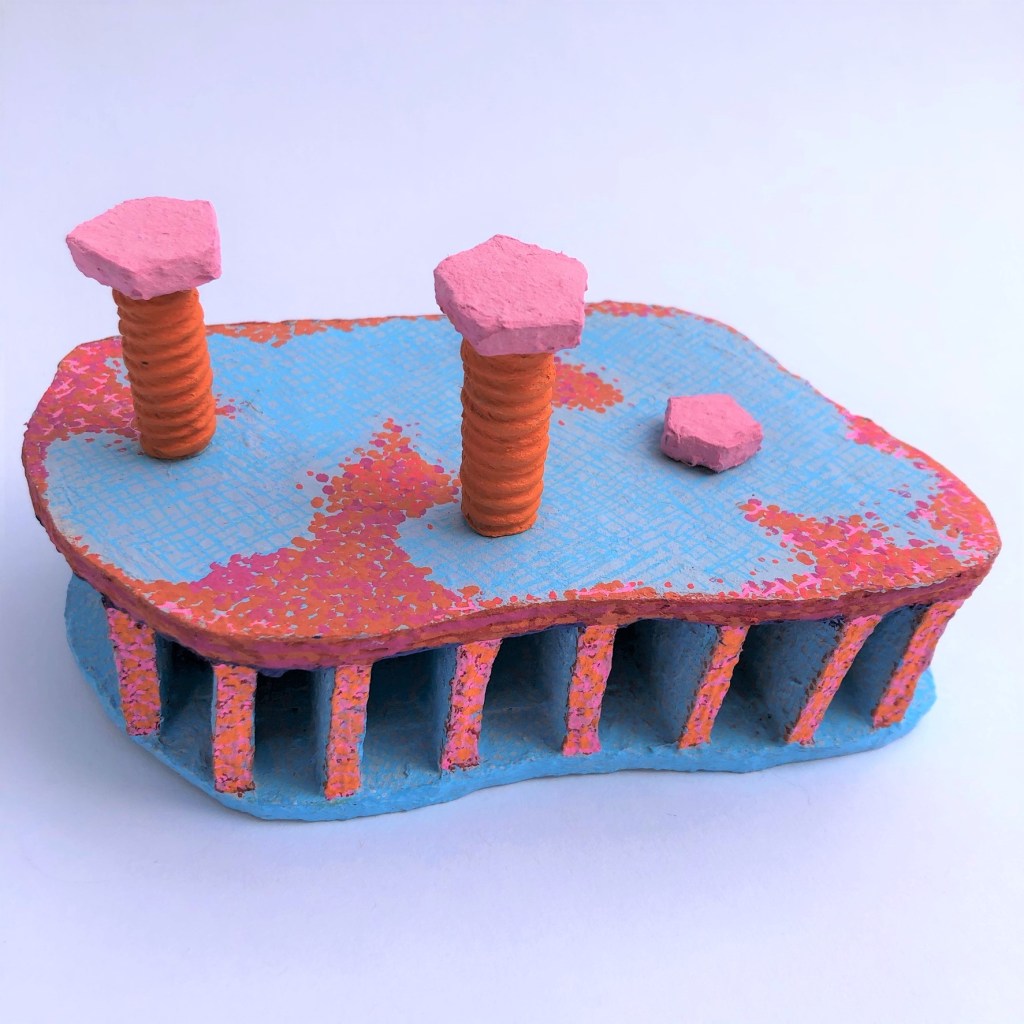 Cylinder head, paper mache and acrylic, 3.5”x6”x3.5”, 2021