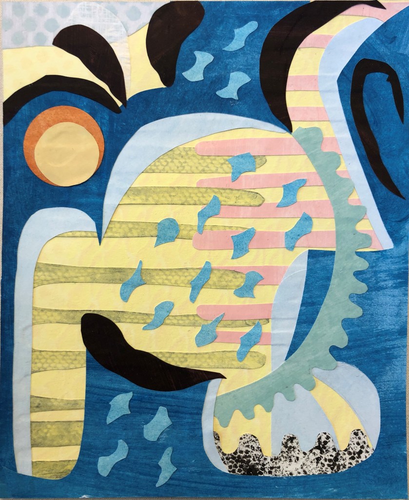 Collage and acrylic paint, 10"x12", 2022