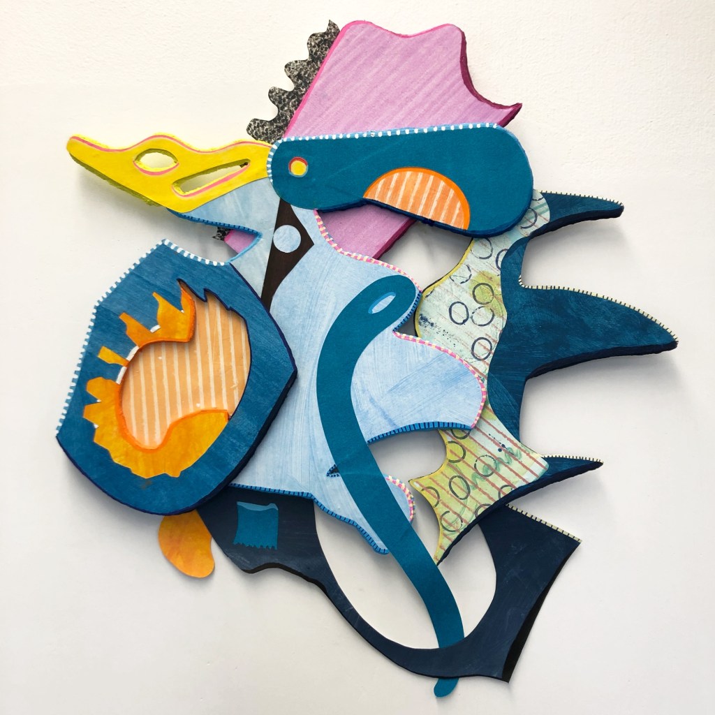 Meghan Bailey, Emergence, 2022, Collage, acrylic, hand printing, paper pulp, paint marker and foam board, 14 x 15 inches